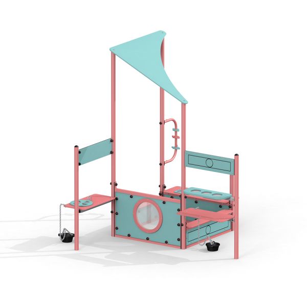 Structure de jeu colorée Pluto avec des éléments d'escalade et un petit toboggan.