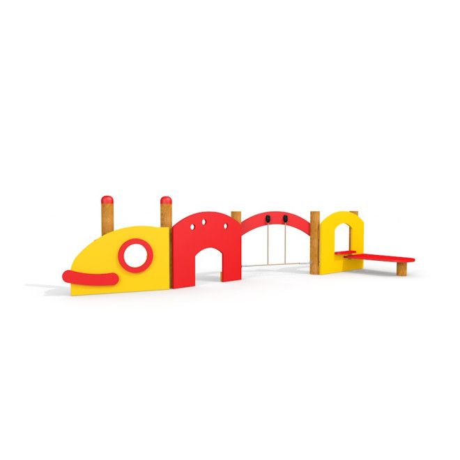 Équipement de jeu Baby Caterpillar wooden playhouse avec toboggans et éléments d'escalade.