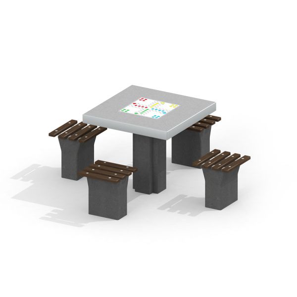 Table de jeu d'extérieur avec quatre sièges fixés.