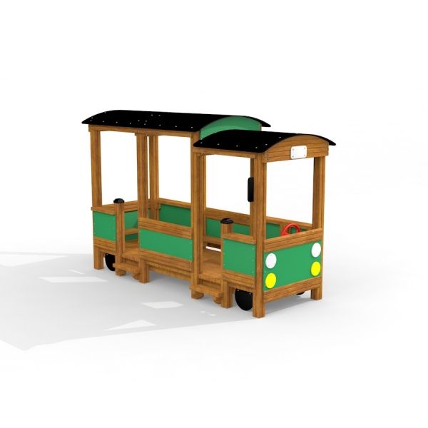 Structure de jeu en bois en forme de bus avec panneaux verts et volant.