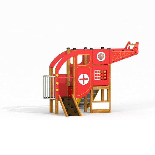 Structure d’escalade rouge Helicopter avec toboggan et panneaux interactifs pour enfants.