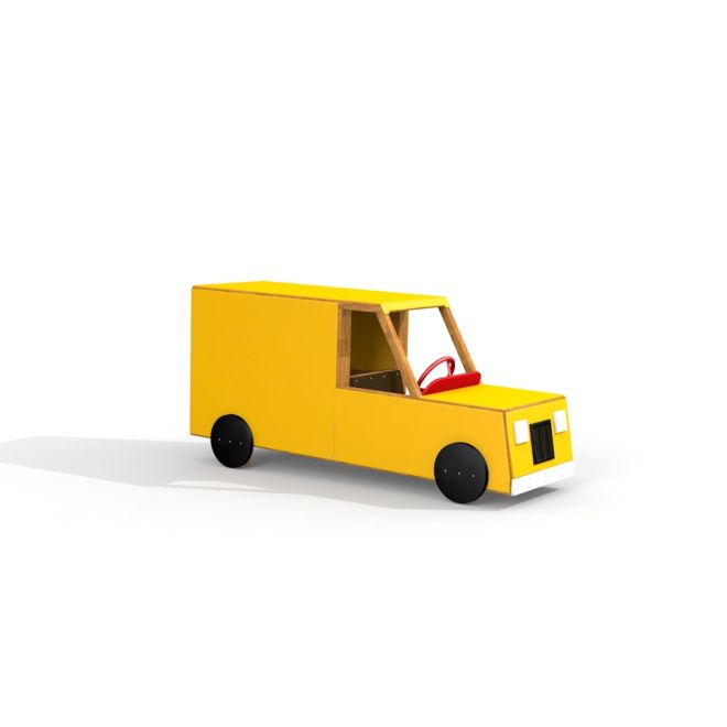 Jouet en bois jaune Van avec roues noires et volant rouge.