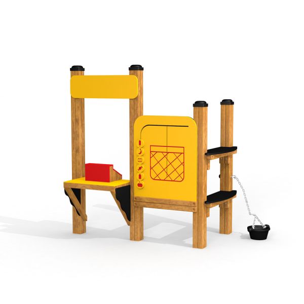 Structure de jeu pour enfants Stall avec panneaux jaunes et cadre en bois.
