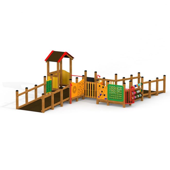 Équipement de jeux Delta avec panneaux d’escalade et rampe en bois pour enfants