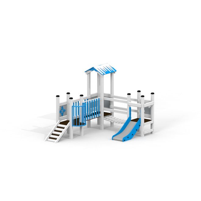 Winter Castle playhouse with slide, structure de jeux extérieure bleue et blanche avec escaliers et toit