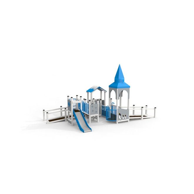 Structure de jeux Winter Residence avec toboggan et éléments d’escalade en bleu et blanc.