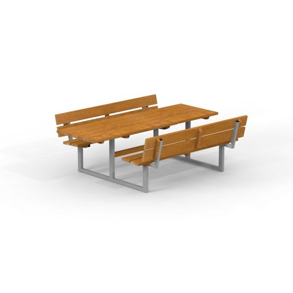 Table & Bench Steel Construction avec des planches en bois et un cadre métallique.
