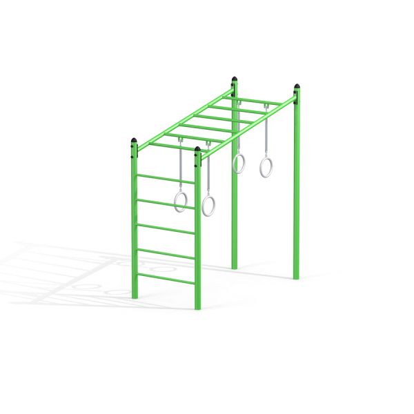Équipement de jeu vert Monkey Bar avec anneaux de gymnastique.