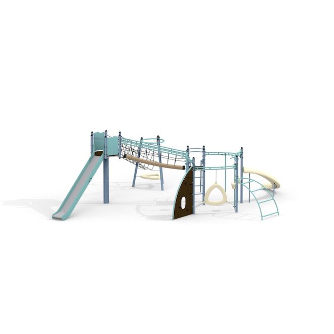 Structure de jeu moderne avec un toboggan et des éléments d’escalade, Copernicus steel structure.