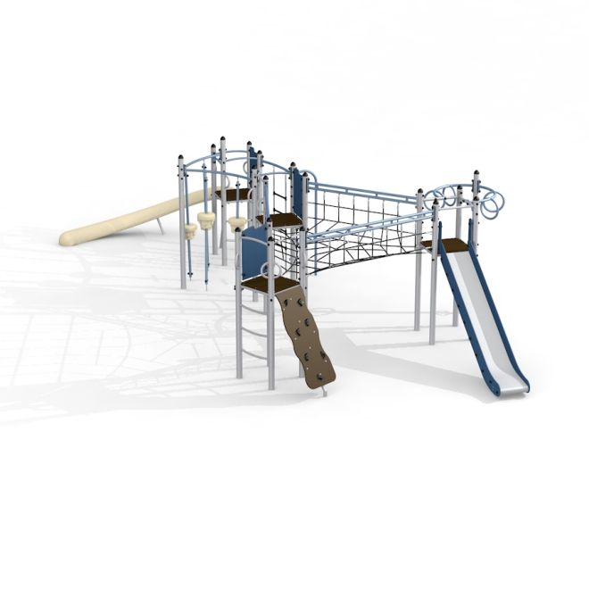 Galileo steel structure équipement de terrain de jeu avec filets d’escalade, toboggans et échelles.
