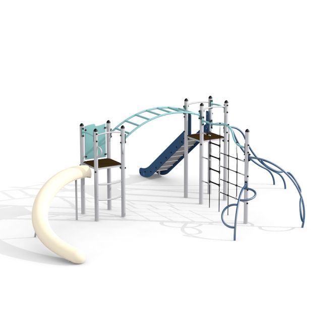 Équipement de aire de jeux Orion steel structure avec toboggan et structures d’escalade.