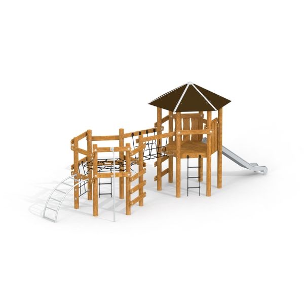 Structure de aire de jeux en bois Meru avec toboggan et éléments d’escalade.