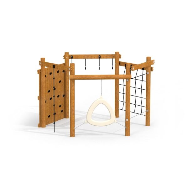 Sequoia wooden playhouse avec filets et murs d'escalade.