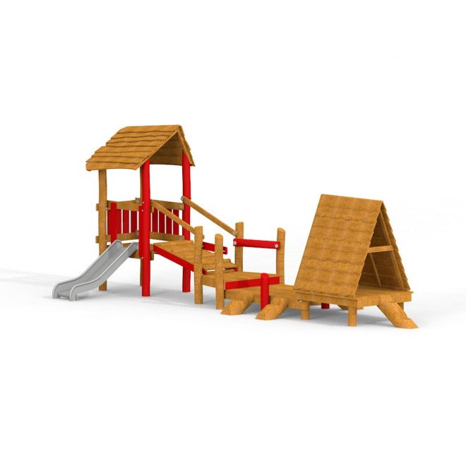 Structure de aire de jeux en bois Lasse's House avec toboggan et éléments d'escalade