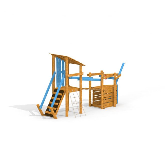 Structure de aire de jeux en bois Sven's Boat single playhouse avec éléments d'escalade et accents bleus