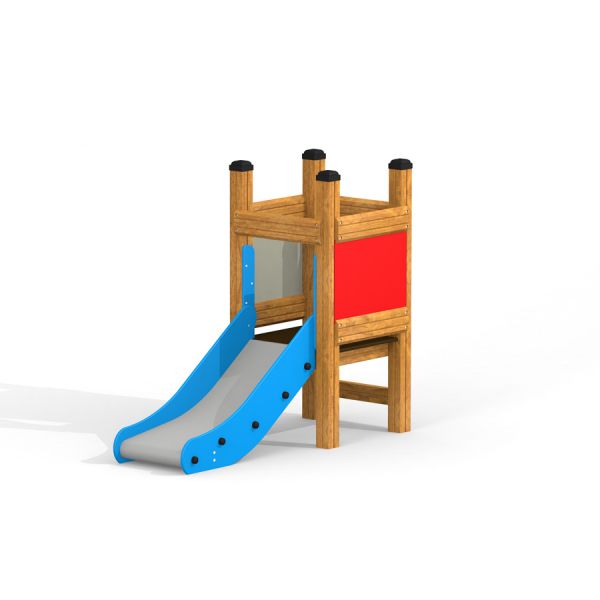 Bois Toddler Tower Slide avec toboggan en plastique bleu et panneau rouge.
