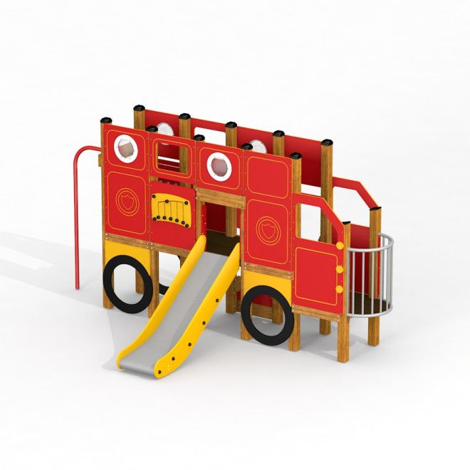 Équipement d’aire de jeux Big Truck single slide avec panneaux rouges et toboggan jaune