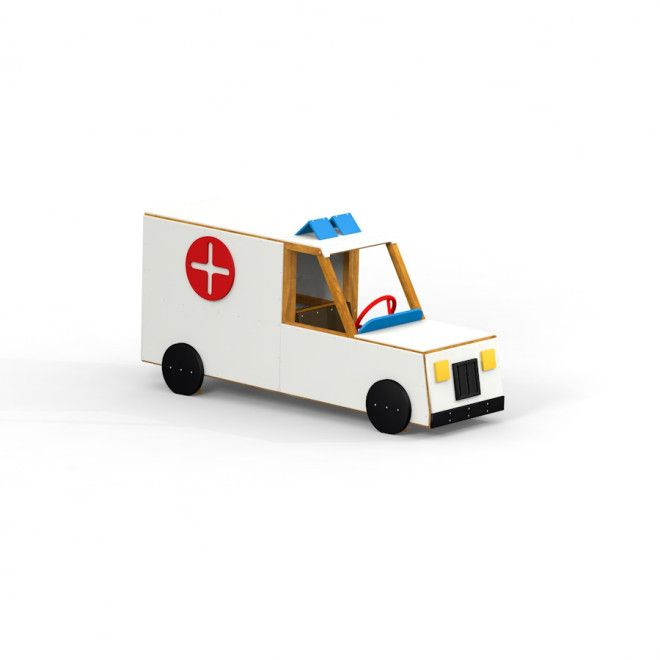 Véhicule jouet en bois pour aire de jeux Ambulance avec symbole de croix rouge