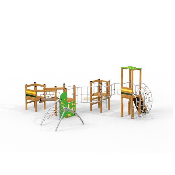 El Dorado wooden playhouse avec structures d’escalade et filets pour enfants.