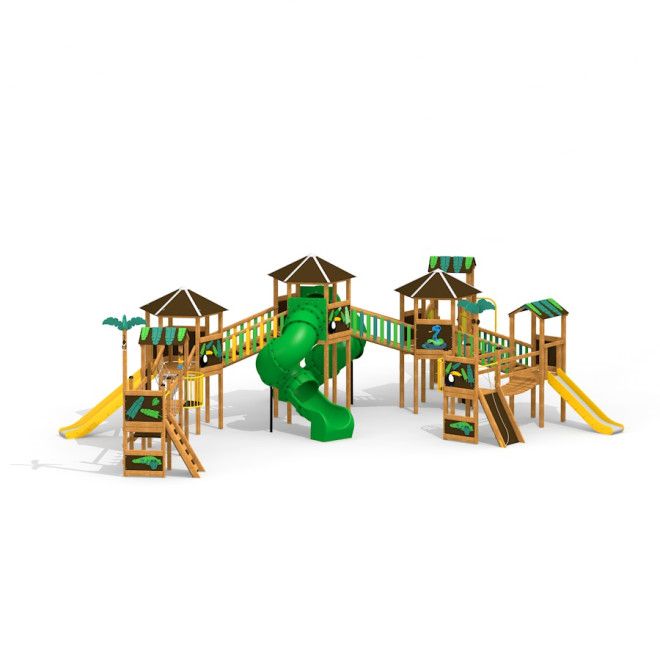 Équipement de jeu Jungle City castle with slide avec plusieurs toboggans et tours en bois