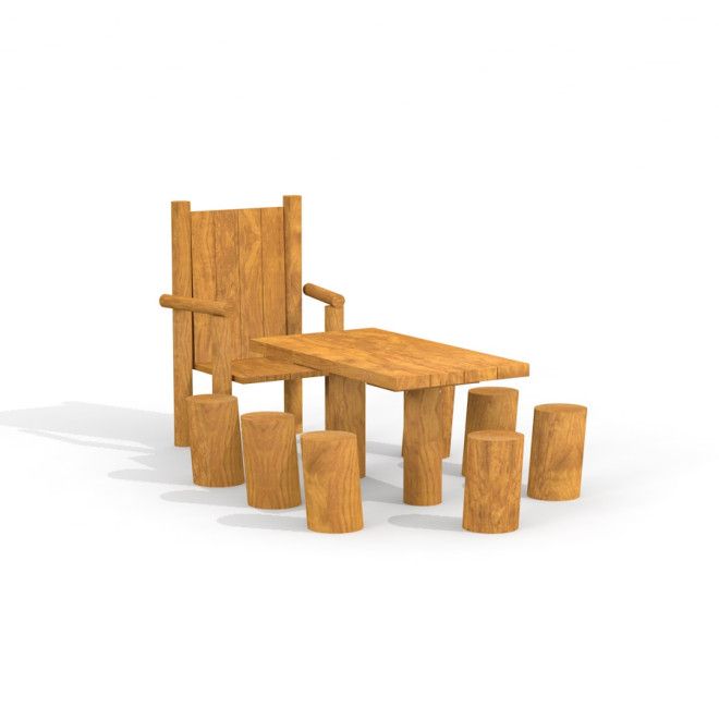 Table Nature with a Chair and Stools ensemble de mobilier de terrain de jeu en bois avec finition naturelle
