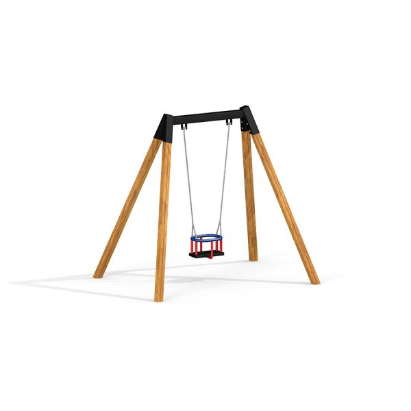 Baby Single Swing avec cadre en bois et siège rouge