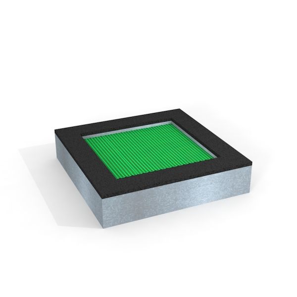 Square trampoline (125 cm) avec un tapis de saut vert et un cadre de sécurité.