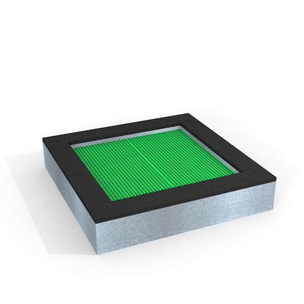 Square trampoline (150 cm) avec tapis vert et bordure noire.