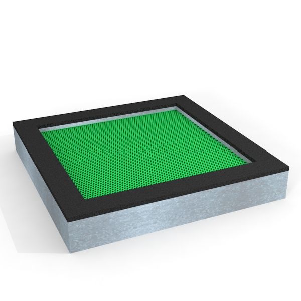 Square trampoline (200 cm) avec tapis de saut vert et cadre noir.