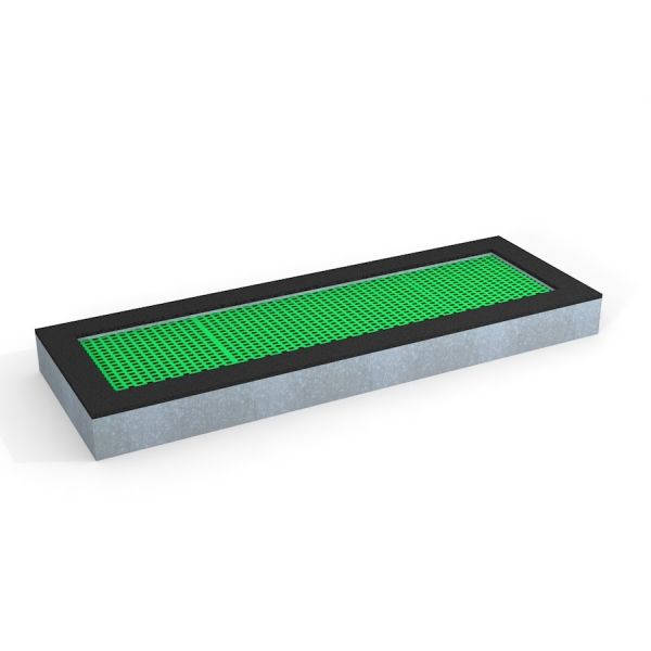 Rectangular trampoline avec un tapis de saut vert et une bordure robuste.