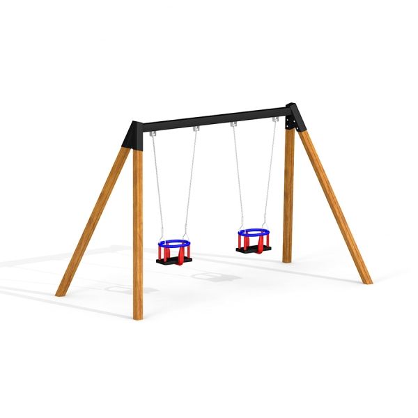 Double Baby Swing avec structure en bois et sièges rouges et bleus sur fond blanc
