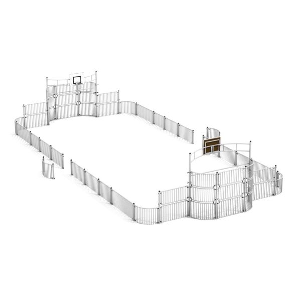 Texte alternatif : Sport Arena 9x18 m terrain de sport clôturé en métal avec panier de basket et buts