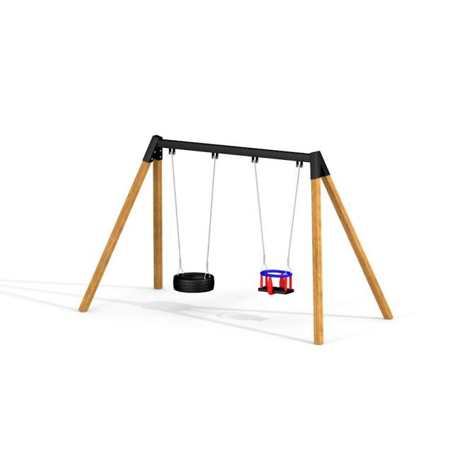 Double Swing avec structure en bois, siège panier et balançoire à pneu.