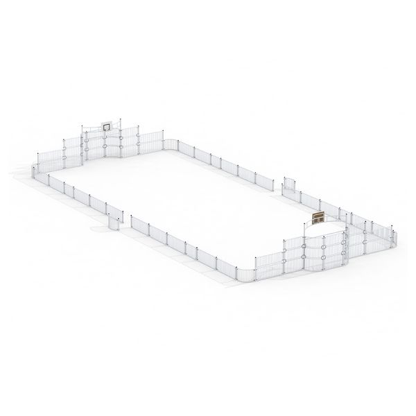 Sport Arena 14x31 m aire de jeu clôturée avec paniers de basket et buts.