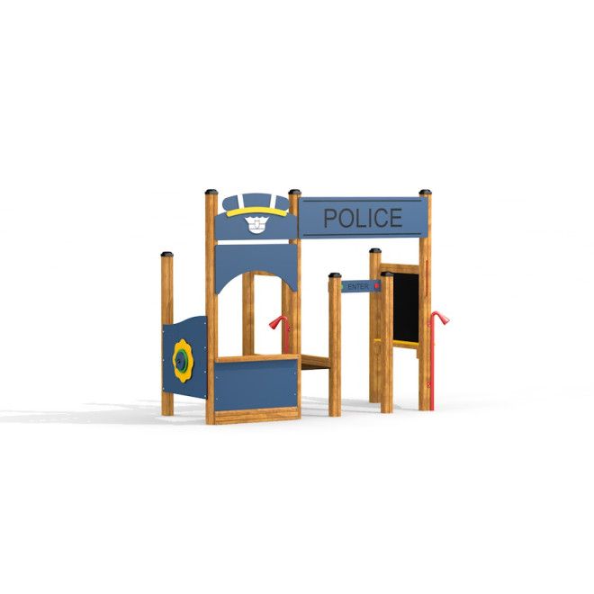 Équipement de aire de jeux Police en bois et panneaux bleus avec éléments interactifs pour enfants.