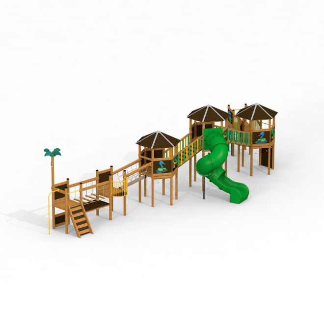 Structure de terrain de jeu en bois Jungle Village castle with slide avec toboggan spiral vert