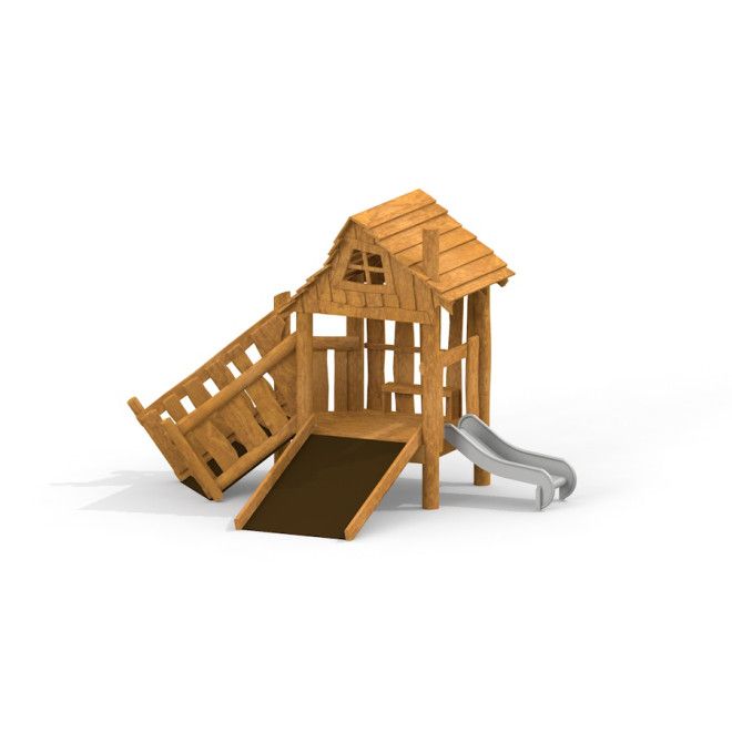 Tambora wooden playhouse with slide et rampe d'escalade pour aire de jeux.