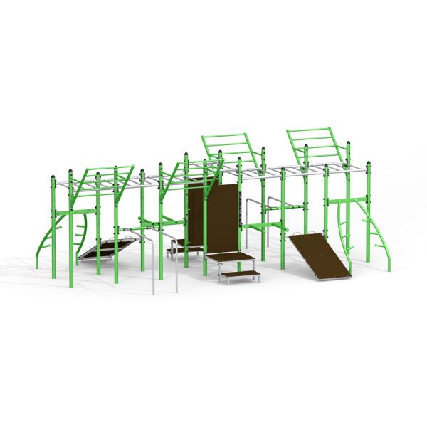 Équipement de fitness extérieur Grandis Training Set avec barres d'escalade et plateformes vertes et marron.