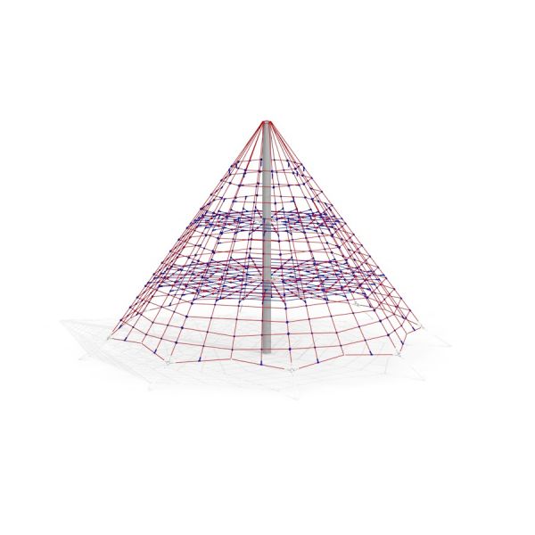 Tivano climbing net en forme de pyramide avec cordes rouges et bleues.