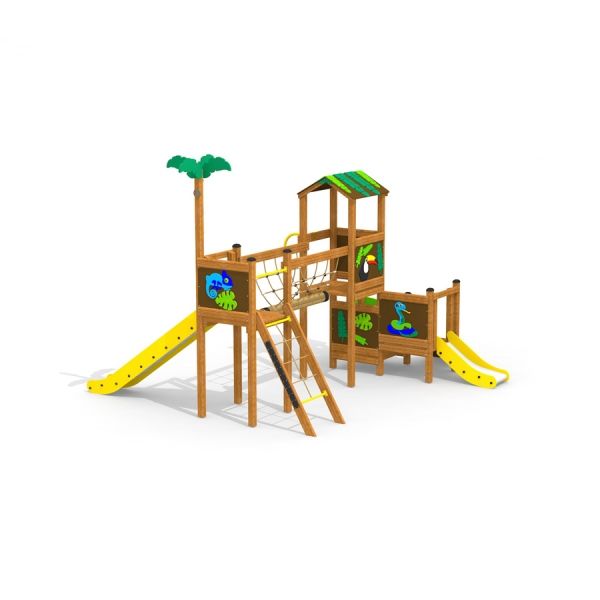Structure de terrain de jeu pour enfants Jungle Bridge avec tours en bois et toboggans.