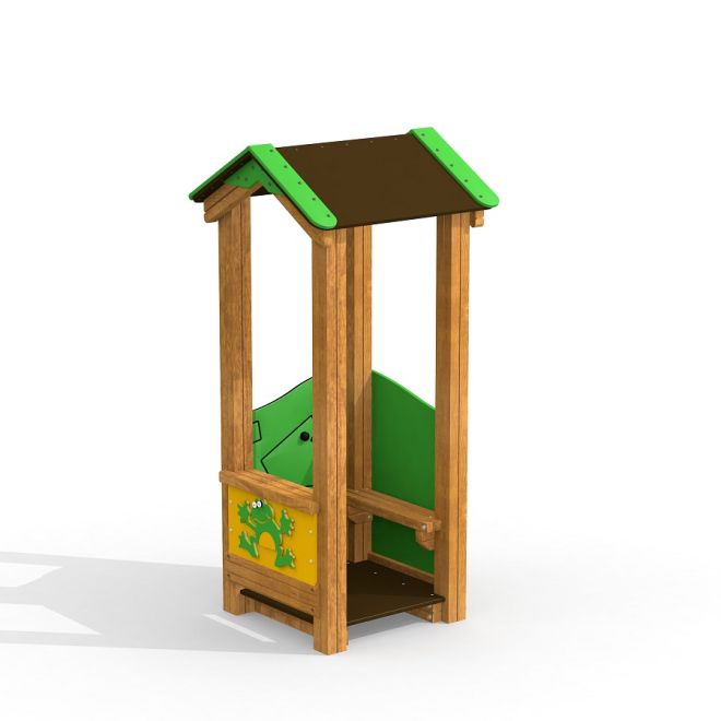 Structure de jeu en bois Frog Playhouse avec des motifs de grenouille sur le côté.