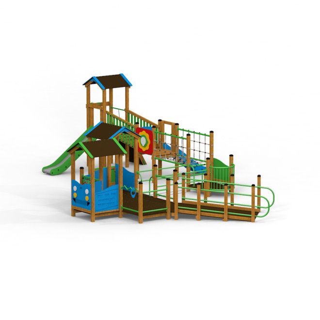 Epsilon inclusive playground avec structures d’escalade, toboggan et rampes pour enfants