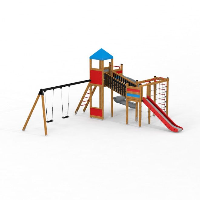 Twister w/ swing équipement de aire de jeux avec toboggan, filet d’escalade et deux balançoires