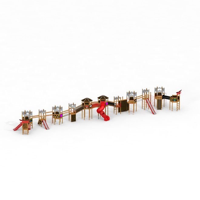 The Great Wall of China castle with slide structure de terrain de jeu en bois avec plusieurs tours et rouge s