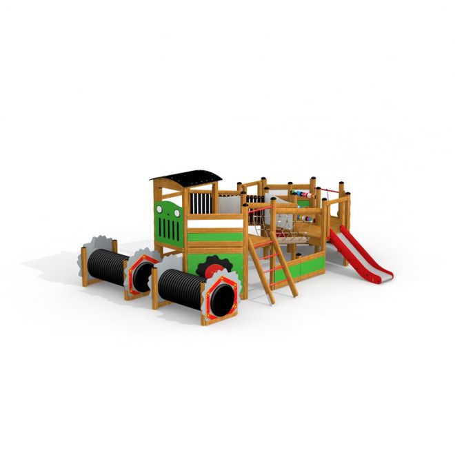 Harvester single slide structure de terrain de jeu en bois avec éléments d’escalade et toboggan rouge