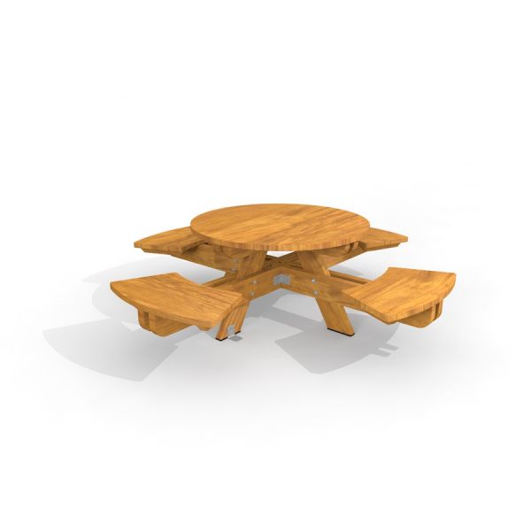 Table ronde avec bancs attachés en bois.