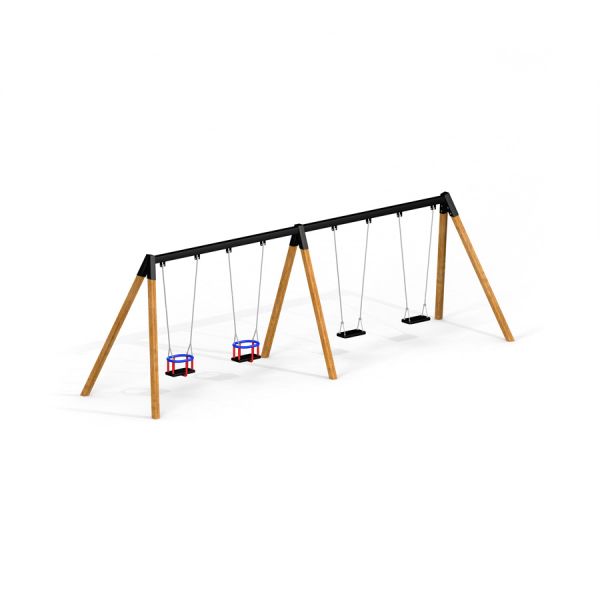 2+2 multiple swing avec structures en bois et quatre balançoires, dont deux balançoires pour bébé.