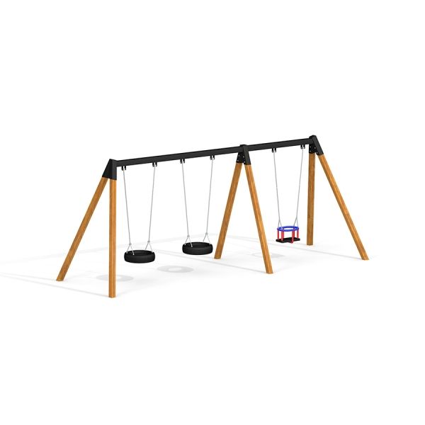 1+2 multiple swing avec structure en bois et trois sièges, dont un siège pour bébé