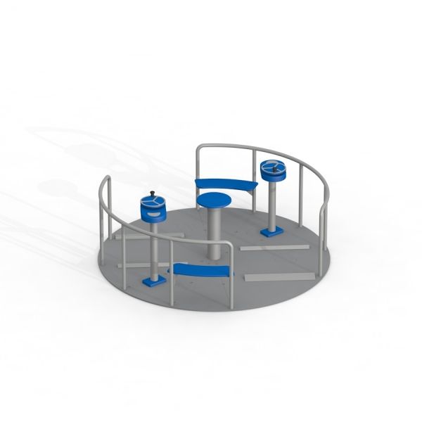 Carrousel accessible en fauteuil roulant pour 2 personnes avec des sièges bleus et une structure grise.