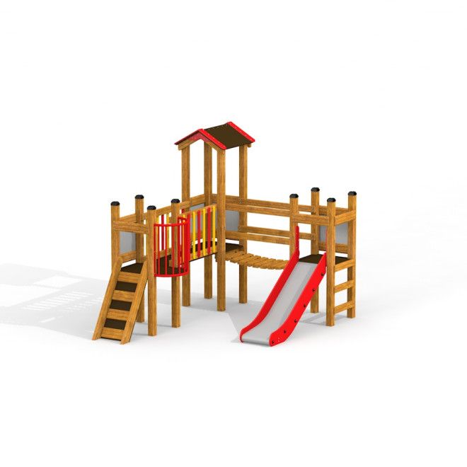 Maisonnette Fortress II pour enfants avec structure en bois et toboggan rouge